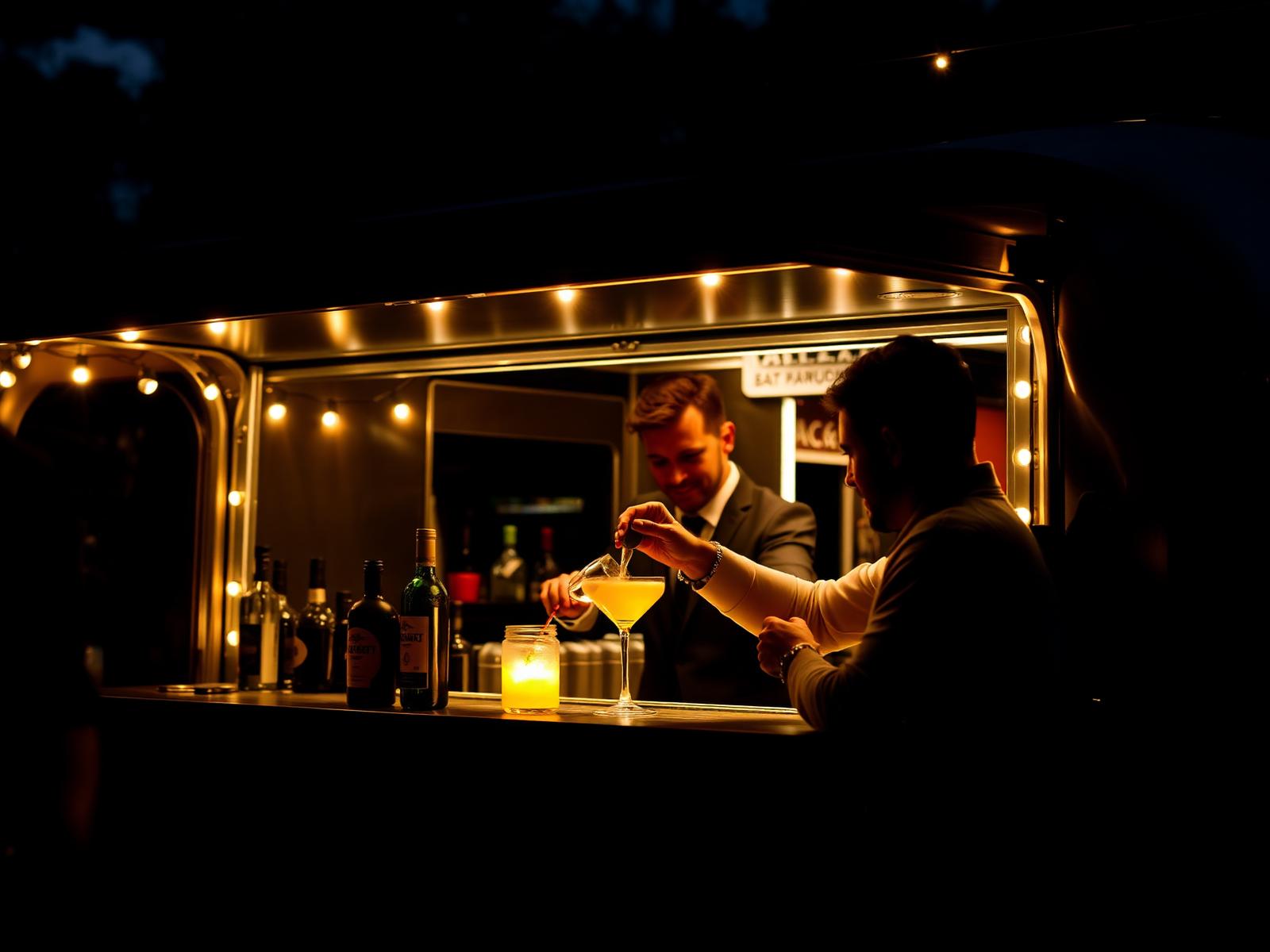 Mobile bartender pouring a cocktail at a sleek mobile bar trailer at dusk